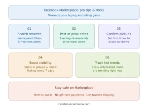 Facebook Marketplace pro tips infographic showing 5 expert tips: search smarter, post at peak times, confirm pickups, boost visibility, and track hot trends – plus safety advice for buyers and sellers