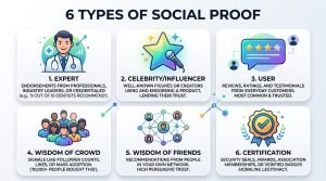 Infographic illustrating the 6 key types of social proof including Expert, Celebrity, User, Wisdom of the Crowd, Wisdom of Friends, and Certification