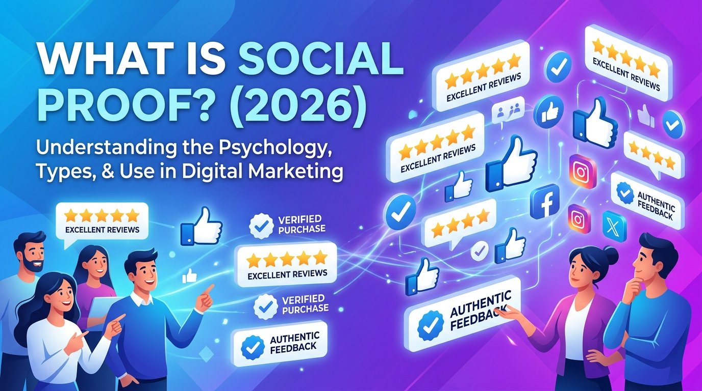 ALT Text: Conceptual illustration of social proof in digital marketing showing floating star ratings, verified badges, and interconnected user profiles